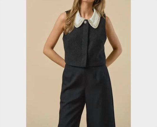 Lalavon - Women's The Beaded Collar Tweed Top