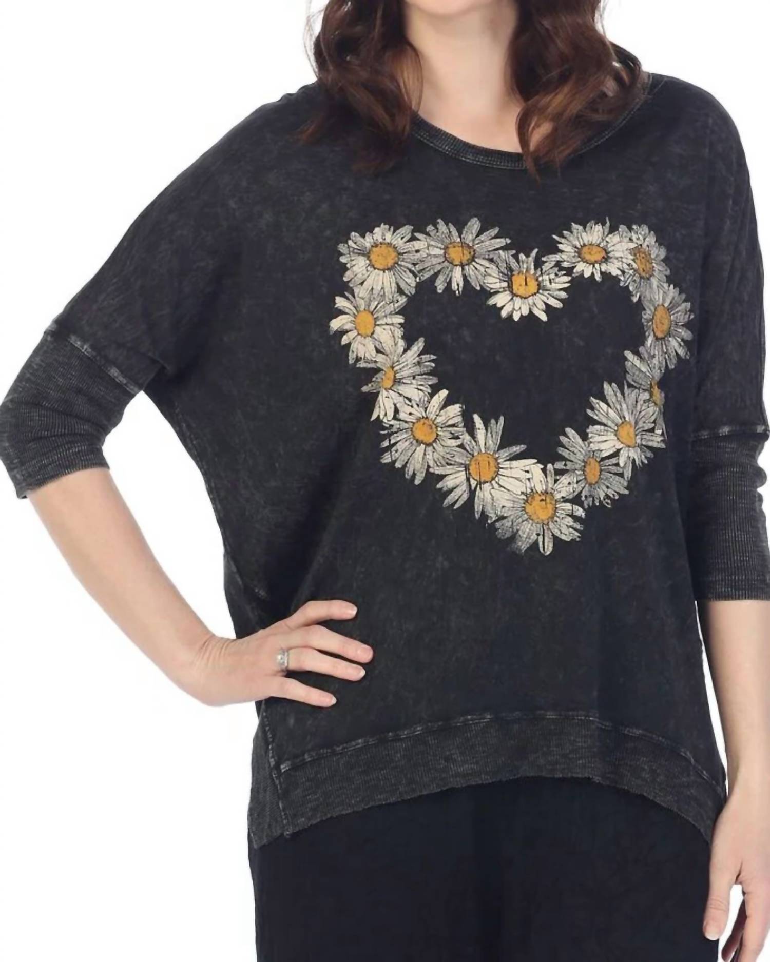 Jess & Jane Amour Mineral Washed Cotton Dolman Sleeve Top in black - women's blouse - detail view