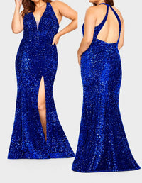 Faviana - Velvet Sequin Halter Neck Long Dress With Leg Slit