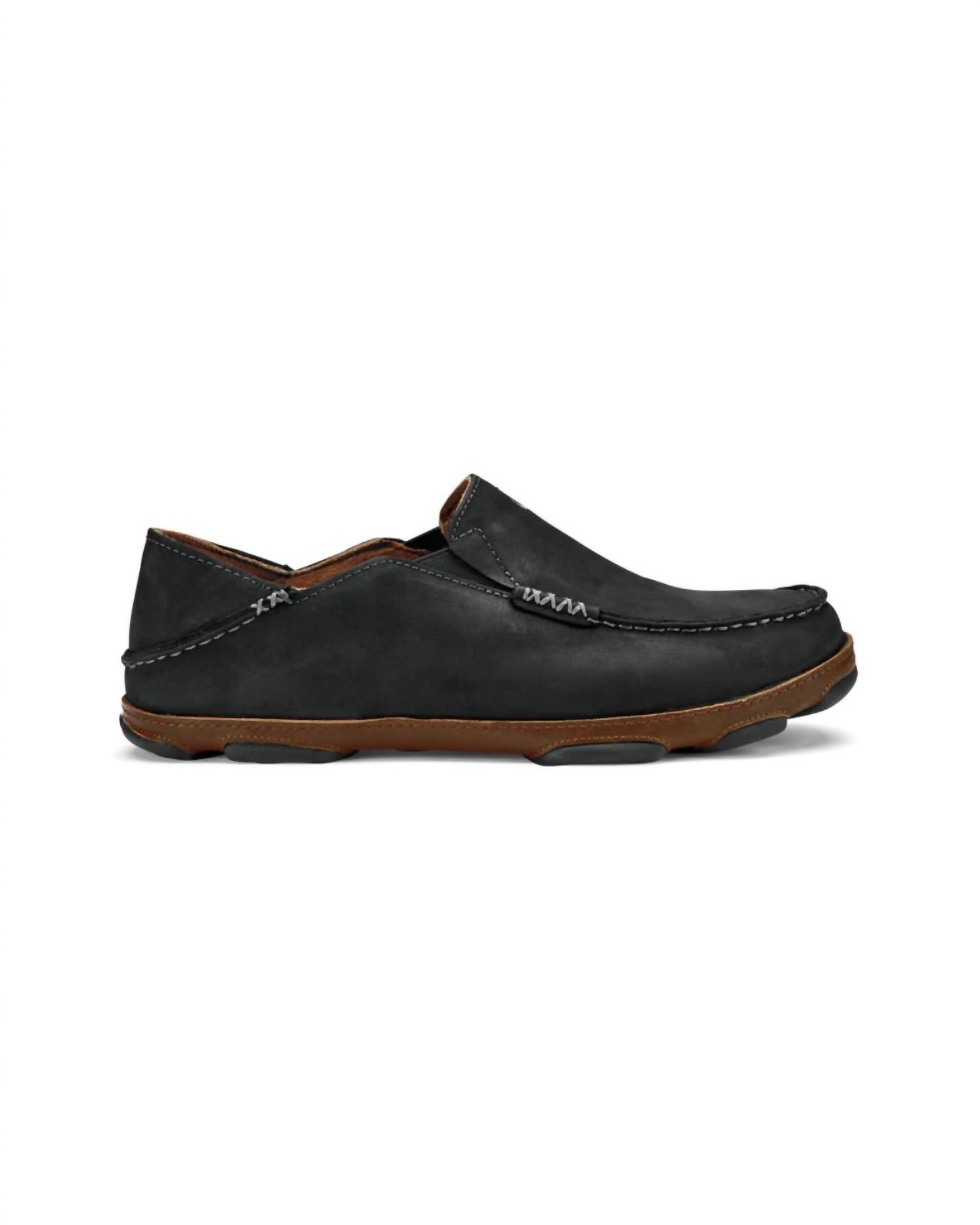 OluKai Men's Moloa Leather Slip-on Shoes in black toffee - men's loafer