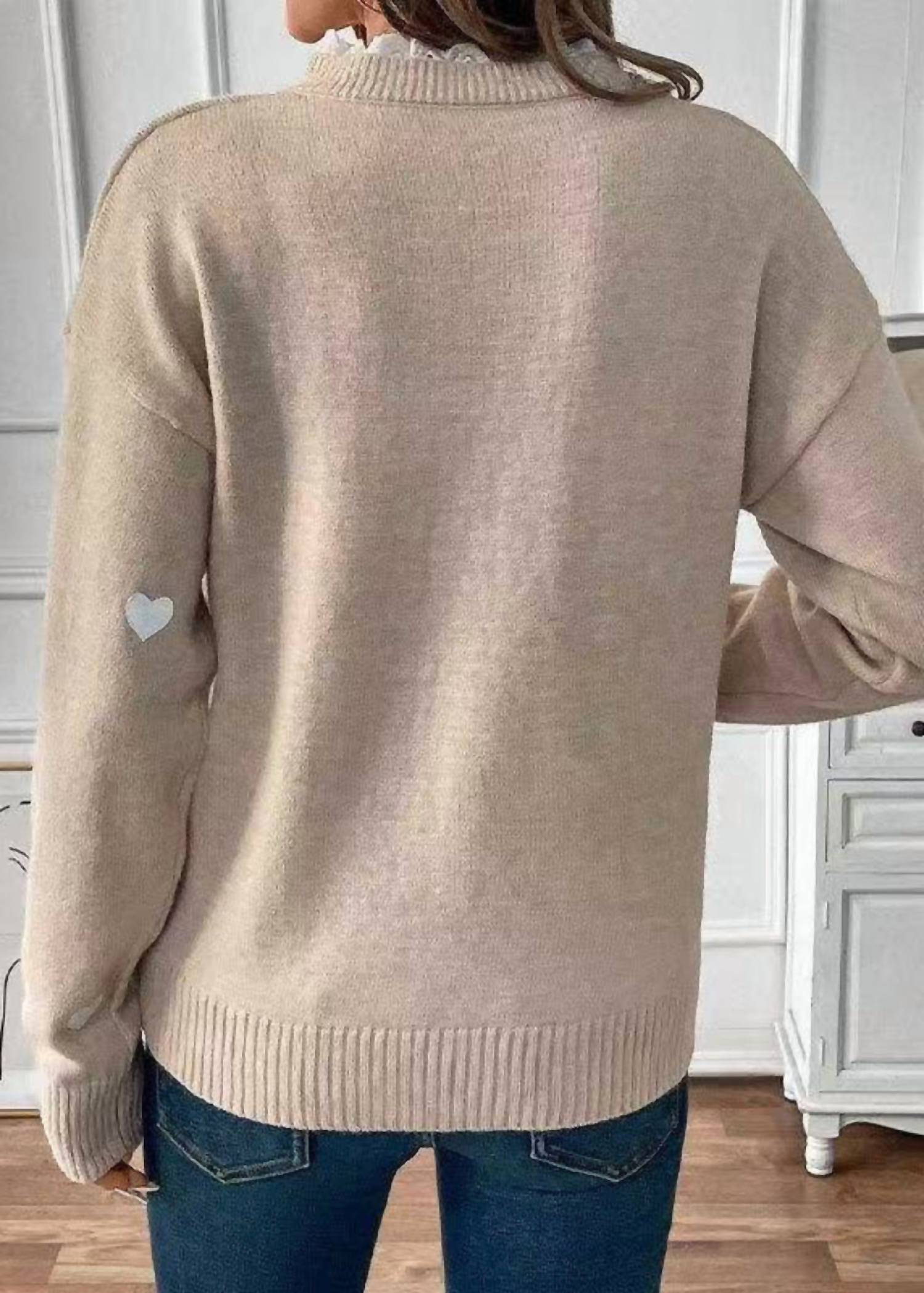 Miss Sparkling - Heart Print Lace Trim Sweater