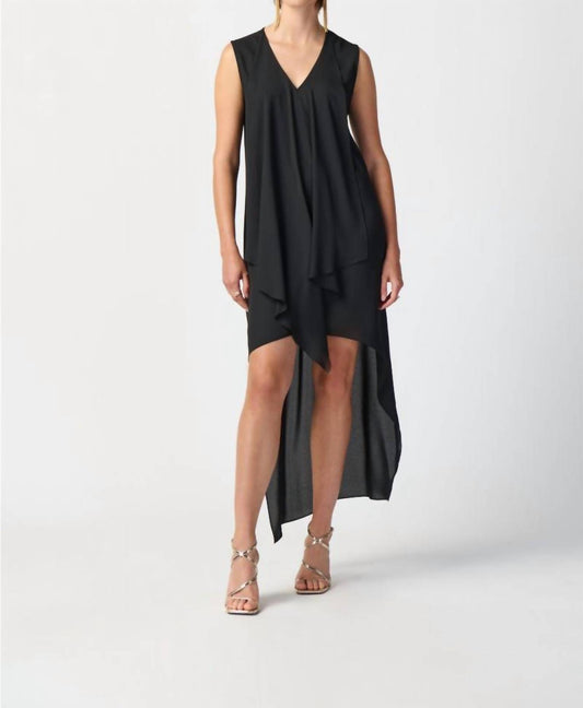 Joseph Ribkoff - Pleated V-neck Asymmetric Hi-low Dress