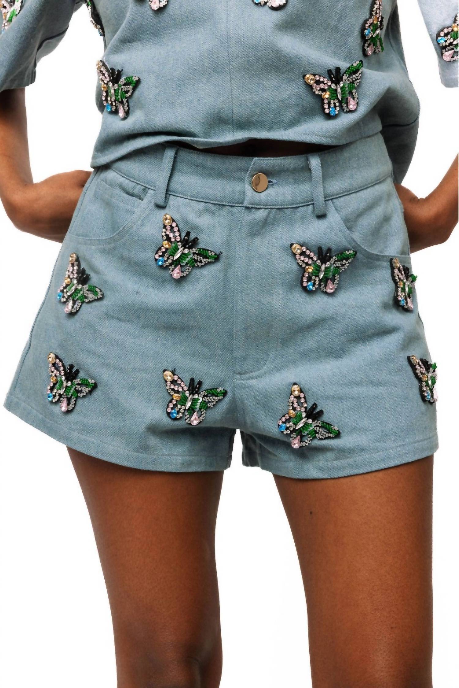QUEEN OF SPARKLES Denim Jewel Butterfly Shorts in multi - women's shorts