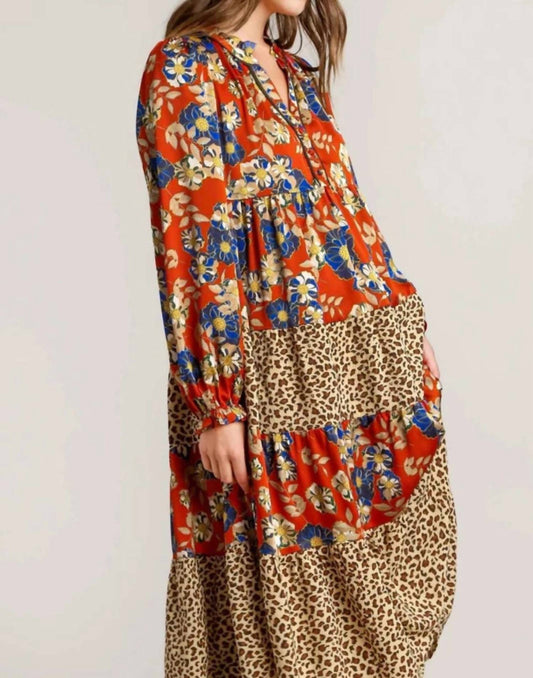 Umgee - Floral And Animal Print Midi Tiered Dress
