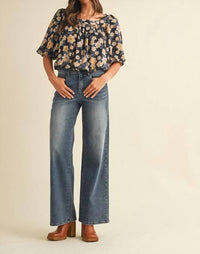 AnnieWear Flower Print Balloon Hem Square Neck Top in black - women's blouse - view 5