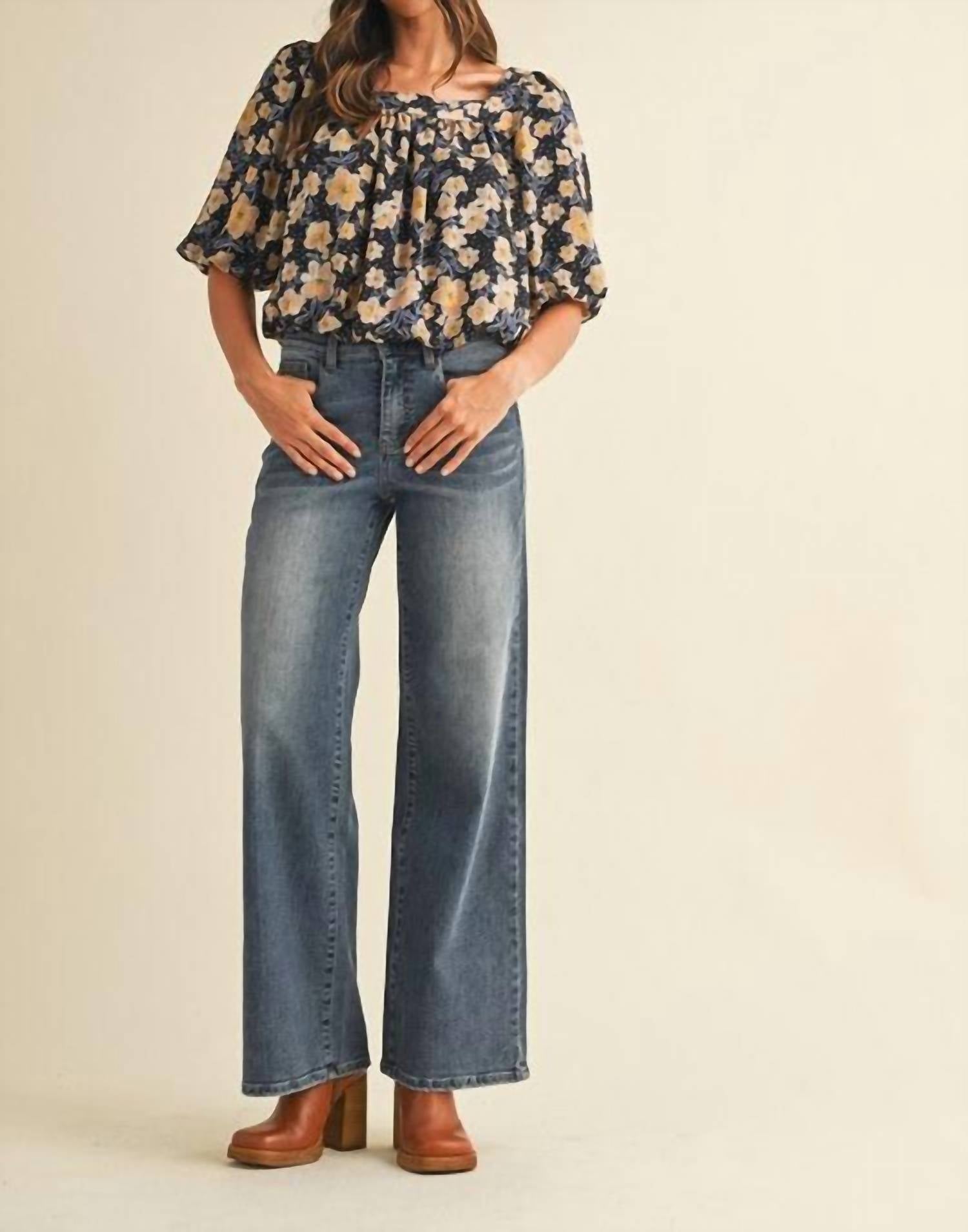 AnnieWear Flower Print Balloon Hem Square Neck Top in black - women's blouse - view 5
