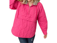 And The Why Quilted Half Zip Up Leopard Detailed Hoodie in fuchsia - women's top - alternate view