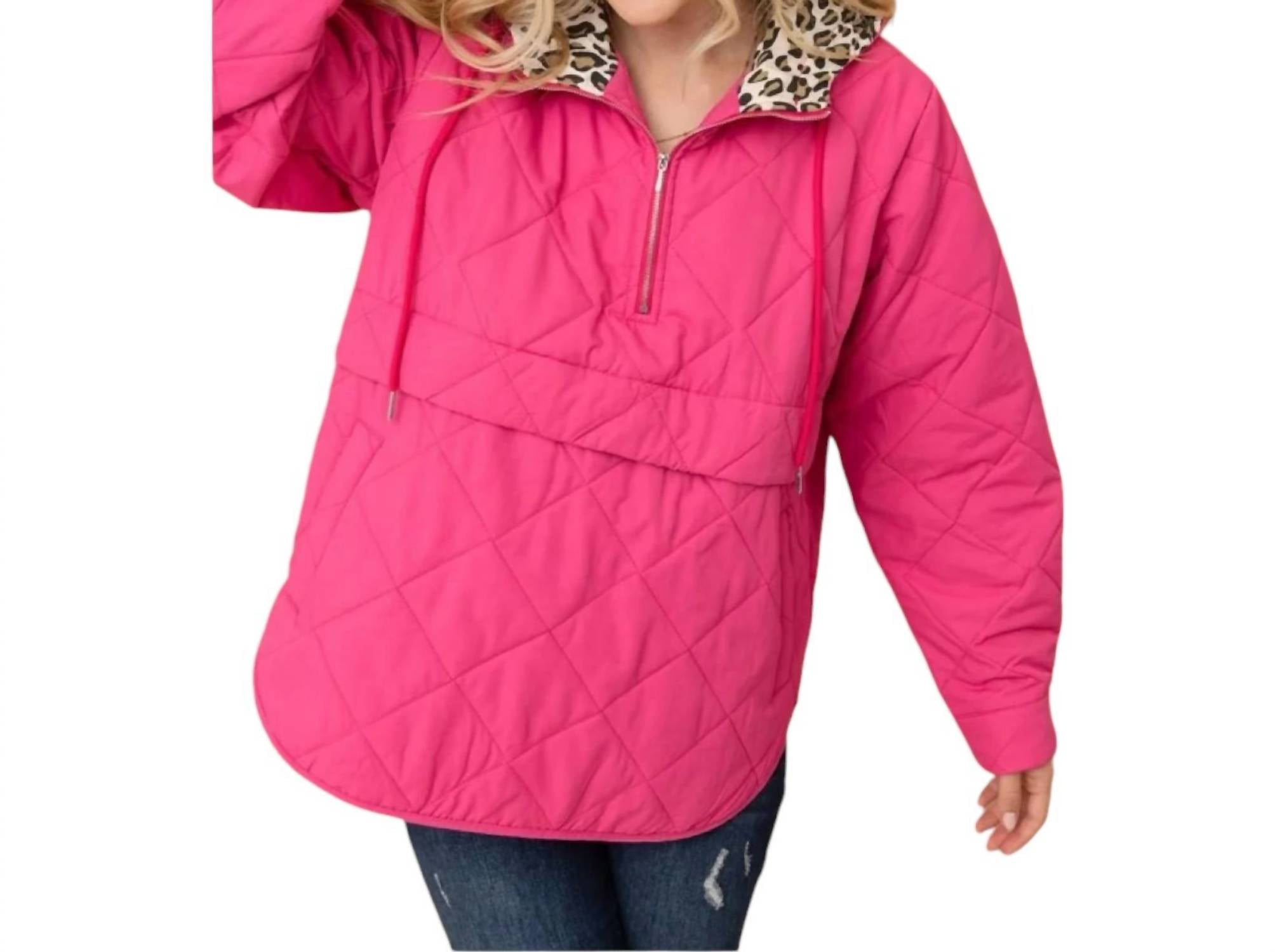 And The Why Quilted Half Zip Up Leopard Detailed Hoodie in fuchsia - women's top - alternate view
