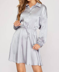 SHE + SKY Long Sleeve Collared Flare Dress in blue gray - women's dress