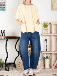 Blue Velvet Washed Terry Oversized Short Sleeve Top in yellow - women's blouse - detail view