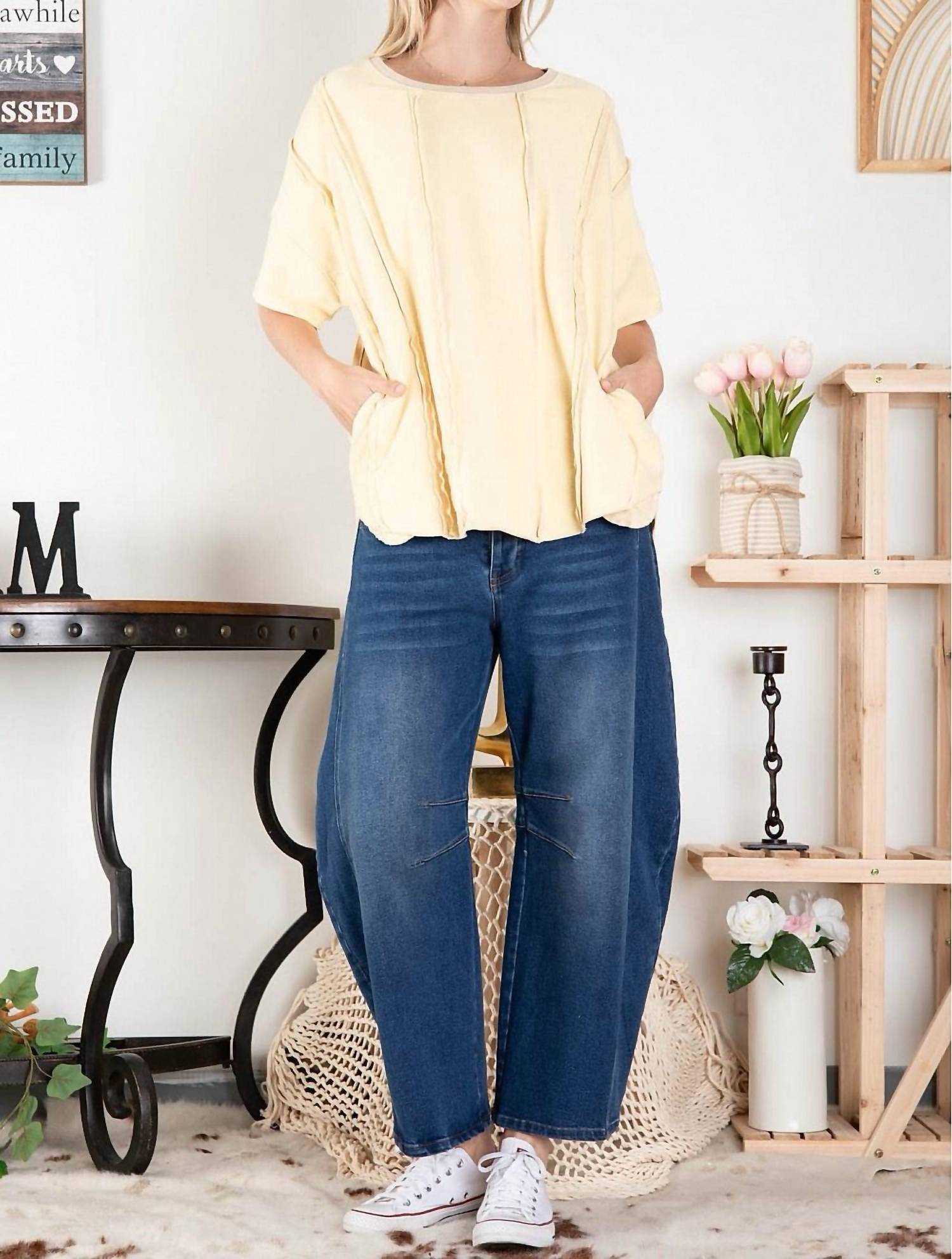 Blue Velvet Washed Terry Oversized Short Sleeve Top in yellow - women's blouse - detail view