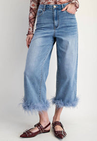 Easel Fur Bottom Hem Stretch Denim Pants in blue - women's jeans