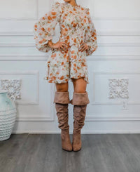 Surelymine - Bubble Sleeves Floral Cutout Laced Mini Dress