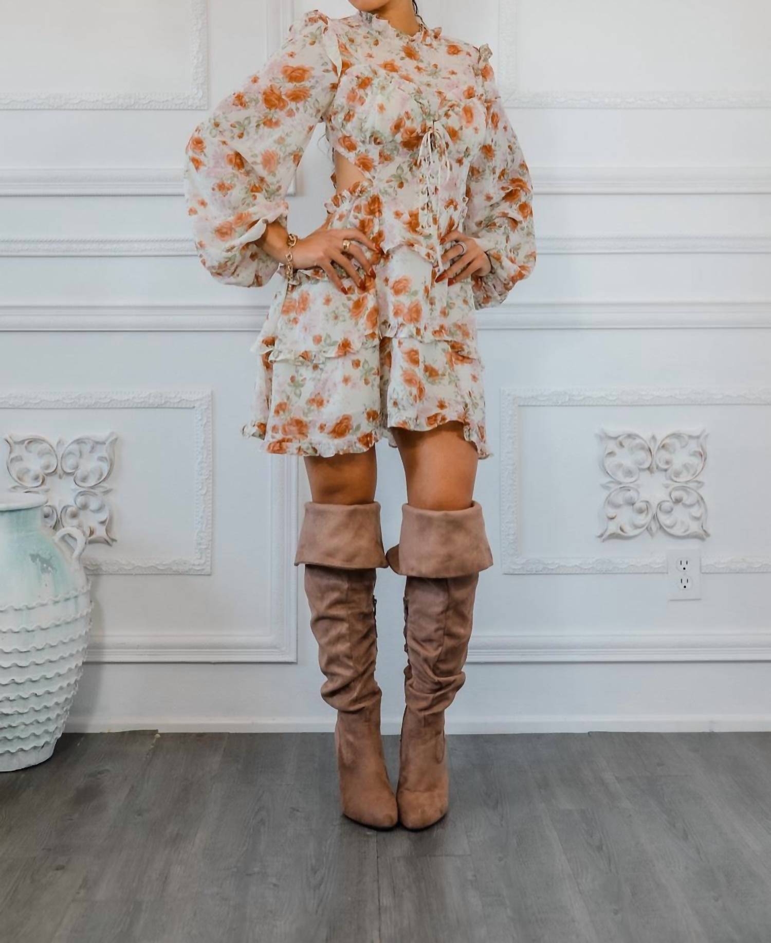 Surelymine - Bubble Sleeves Floral Cutout Laced Mini Dress