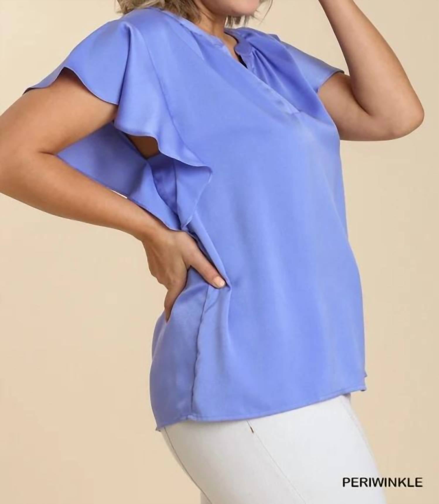 Umgee - Satin V-neck Short Ruffle Sleeve Top