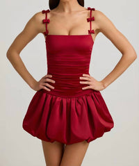 Oh Polly - Cirilla Bow-detail Ruched Bubble Hem Mini Dress