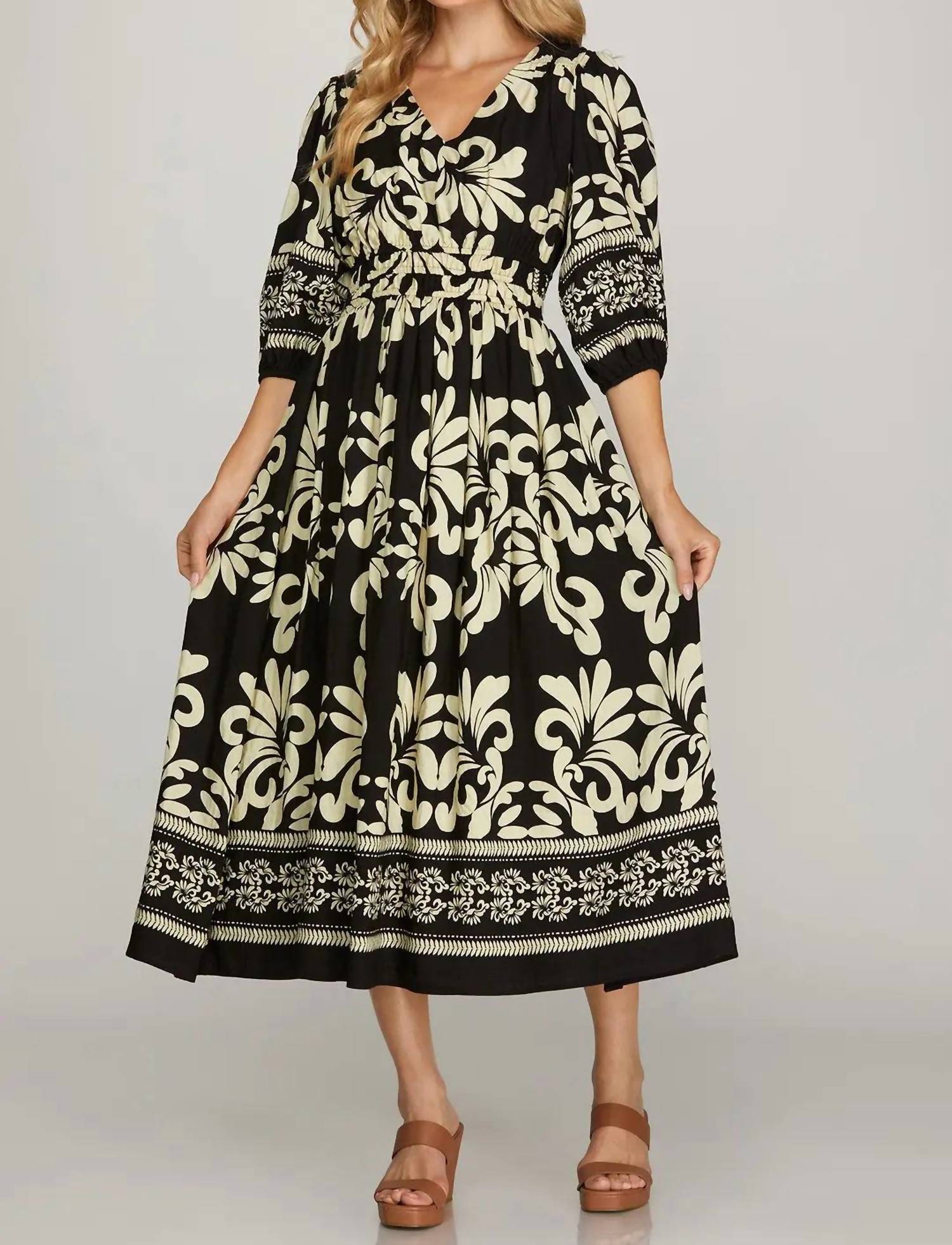 She + Sky - 3/4 Sleeve V-neck Woven Midi Dress With Side Pocket