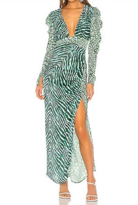 Rococo Sand - Animal Print Satin Irene Puff Sleeve Sheath Dress