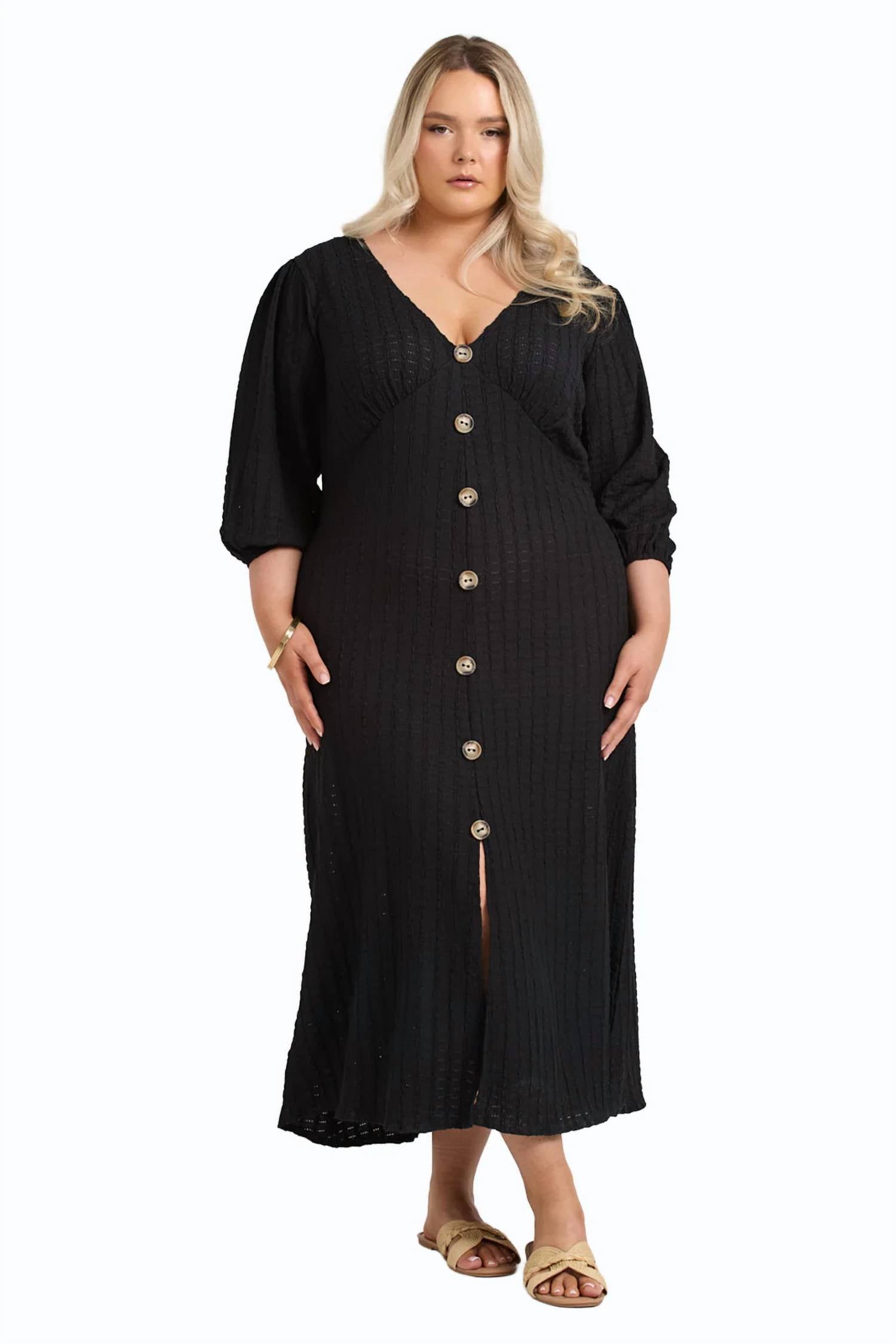 Fashion Szn Curve - Balloon Sleeve Button Front Midi Dress - Plus