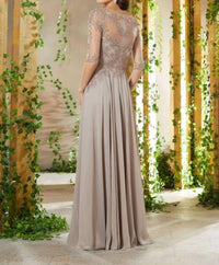 MGNY Beaded Embroidered Bodice Mother Of The Bride Gown in taupe - women's dress - detail view