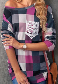 Shiying Fashion - Plaid Print Lace Pocket Top