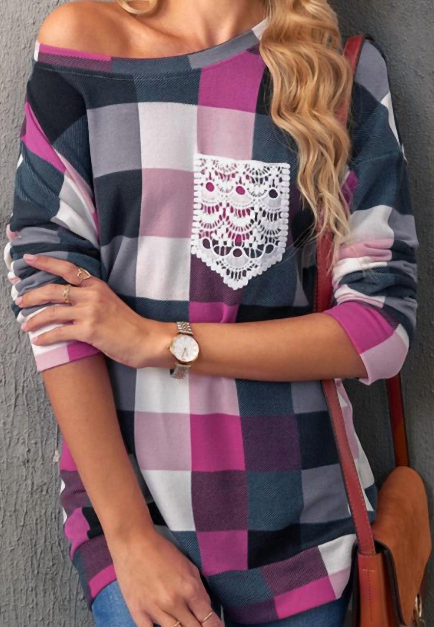 Shiying Fashion - Plaid Print Lace Pocket Top