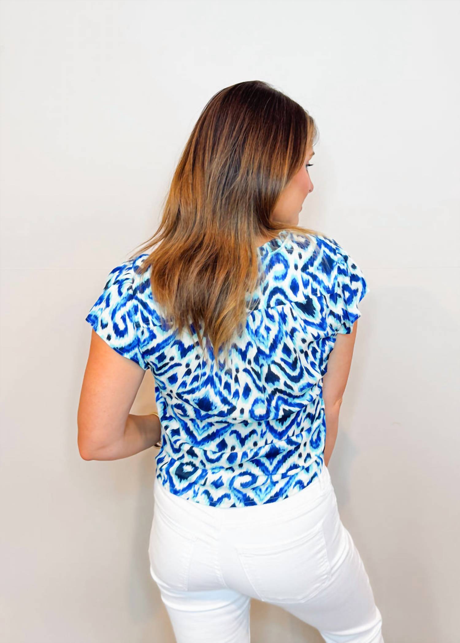 Another Love Blair Short Ruffle Sleeve Top in malibu horizon - women's t-shirt - detail view