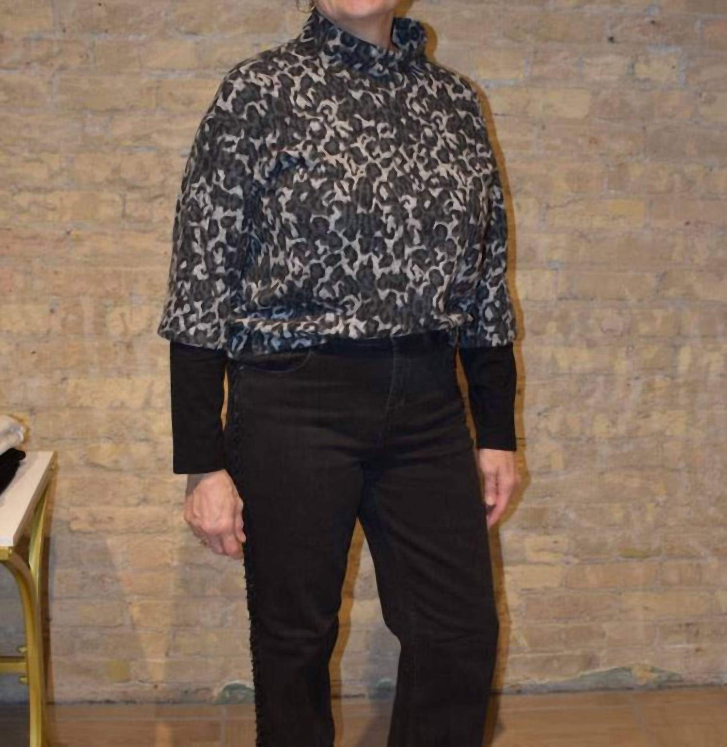 Tribal - Printed Combo Sleeve Mock Neck Jacquard Top