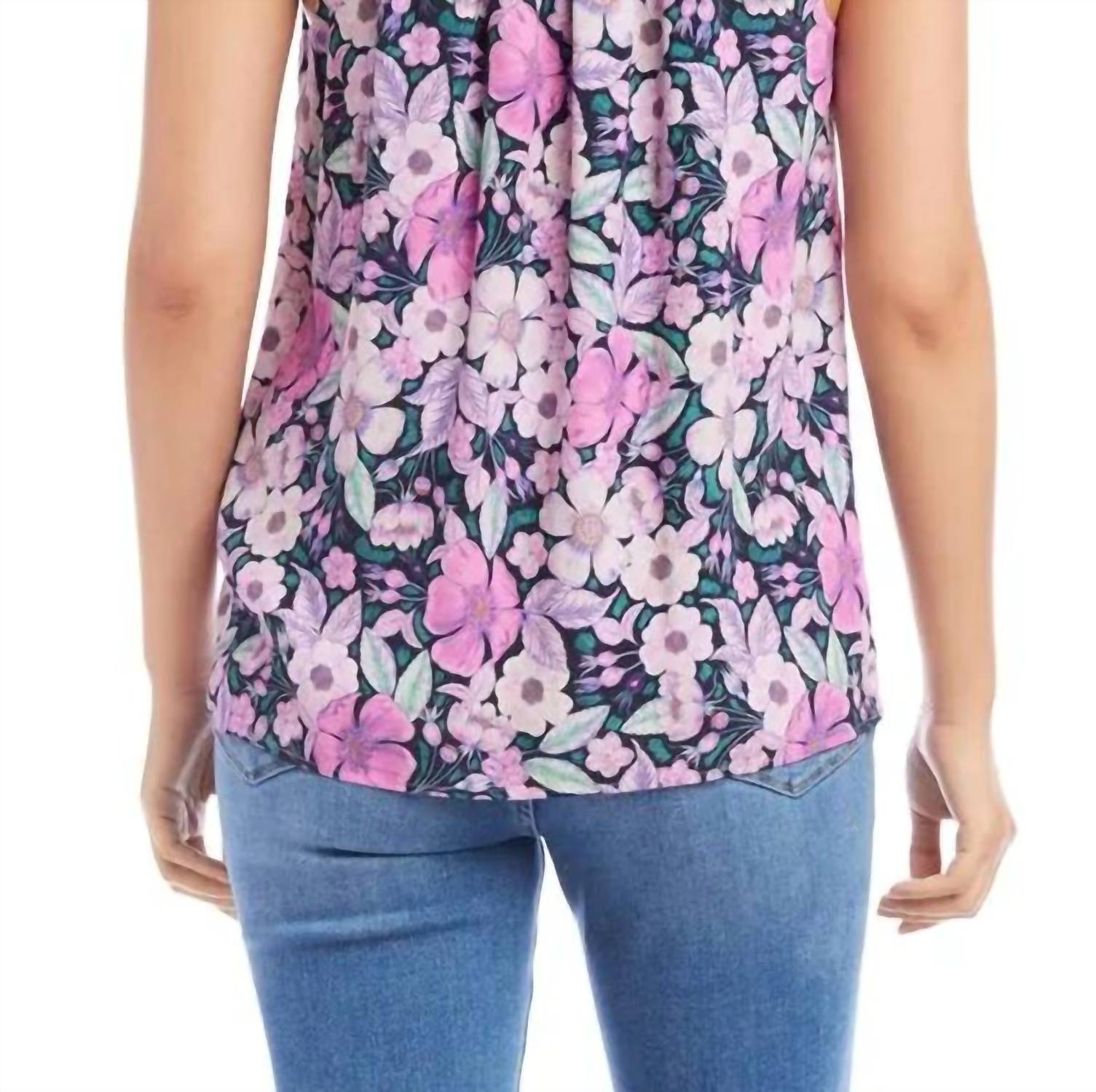 Karen Kane Shay Shirred Floral Tank in berry purple navy multicolor - women's blouse - alternate view
