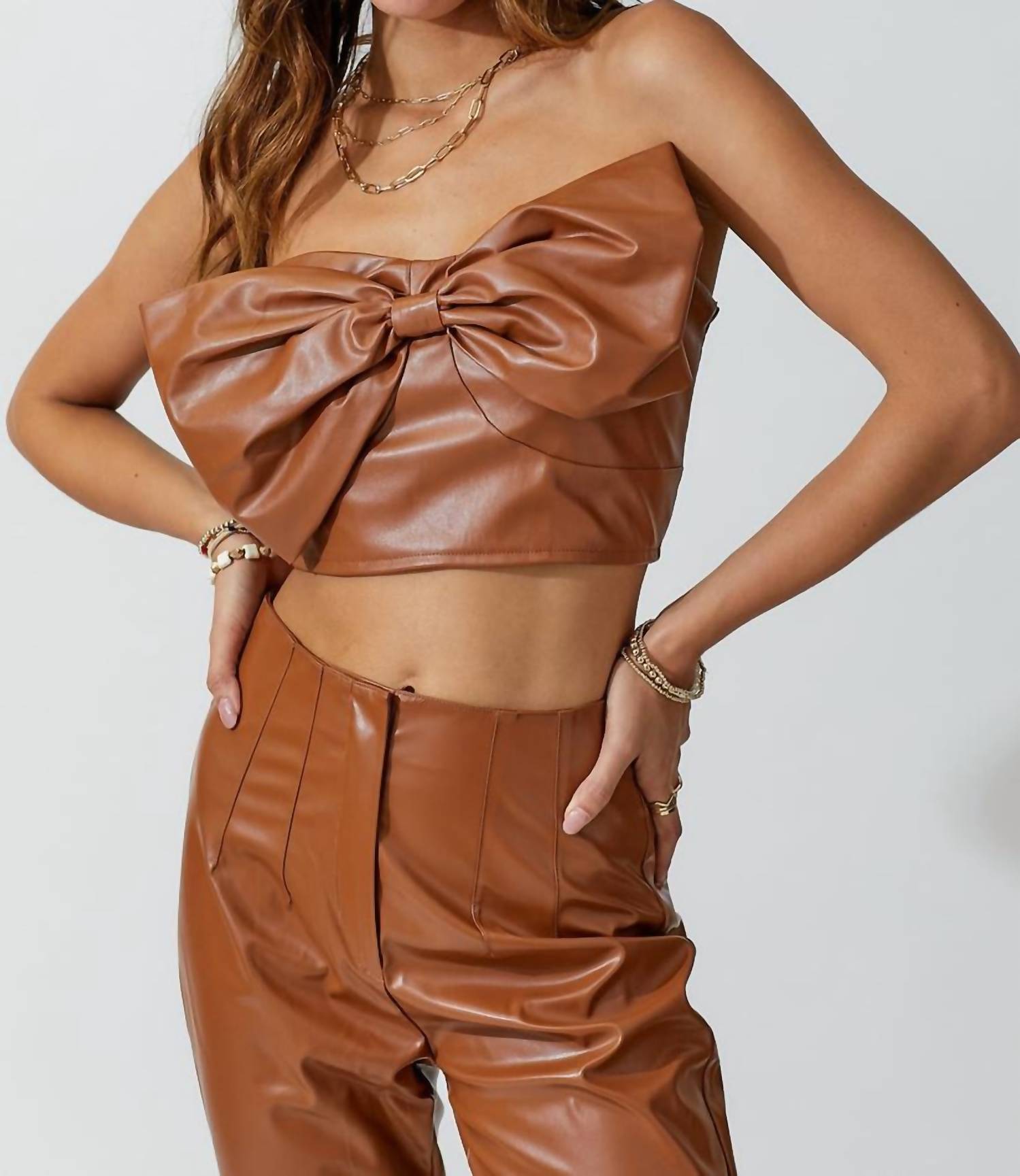 Day + Moon - Faux Leather Strapless Bow Top