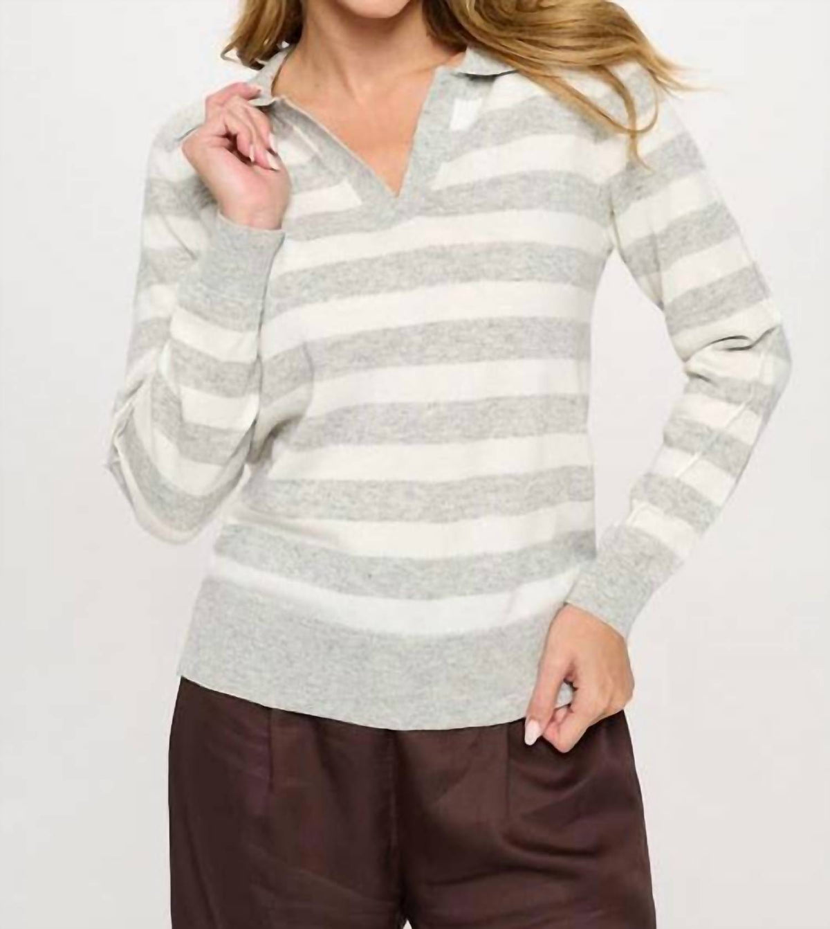 Renee C - Striped Knit Polo Collar neck Long Sleeve sweater