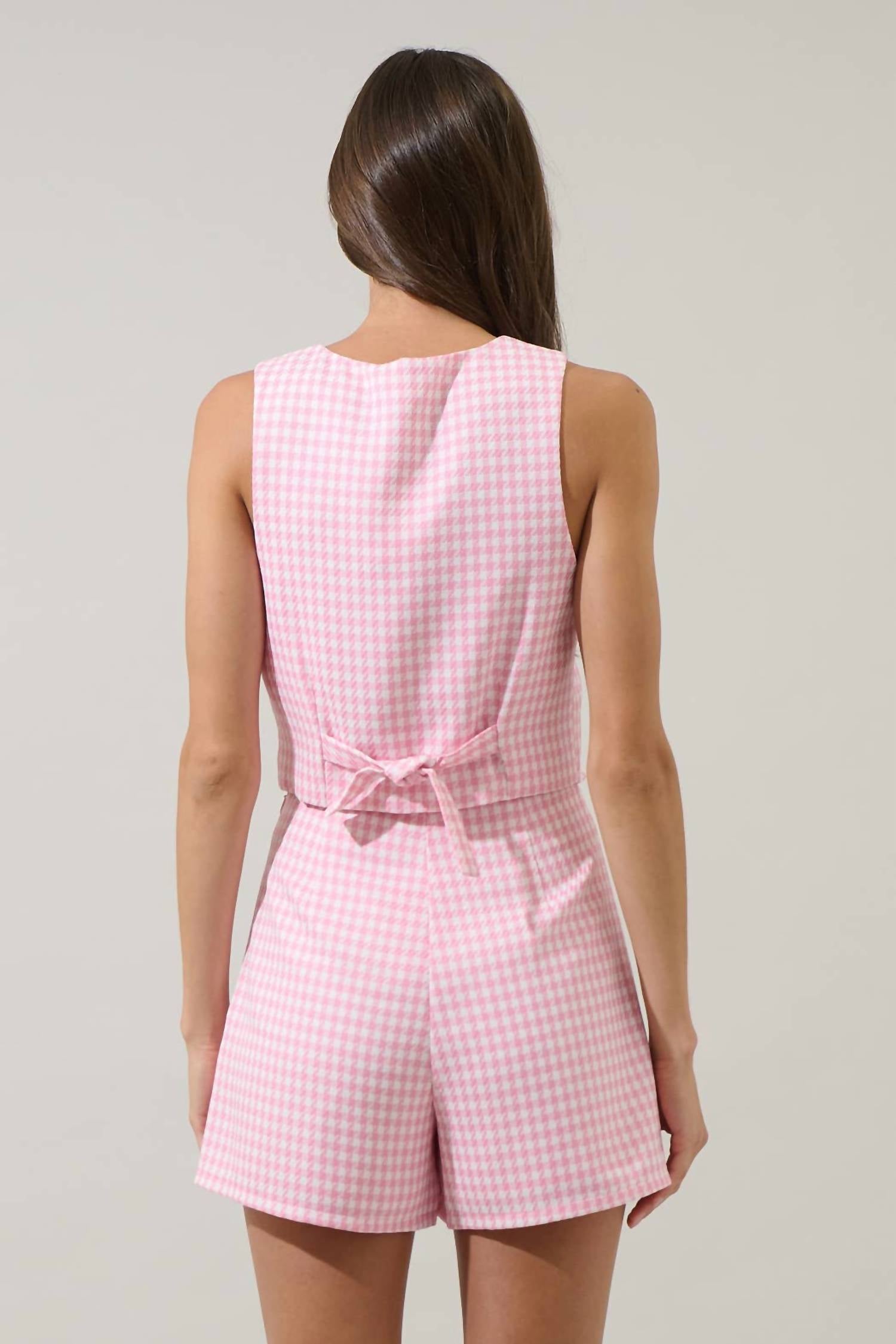 SUGARLIPS Kassy Checker Chelsea Button Up Vest in pink - women's jacket - alternate view