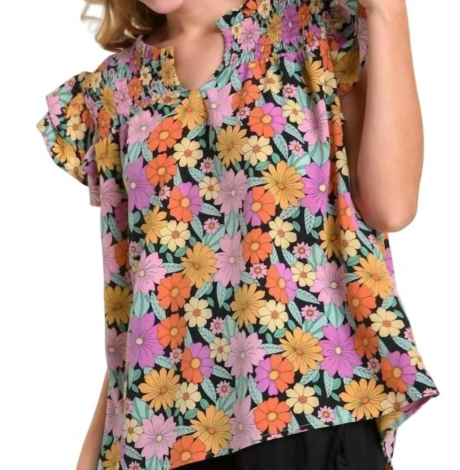 Umgee - Smocked Ruffle Sleeve Floral Top