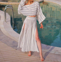 Moa - Striped Side Slit Cotton Maxi Skirt