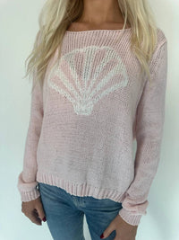 Wooden Ships Seashell Long Sleep Crew Top in caprice pink breaker white - women's long sleeve top