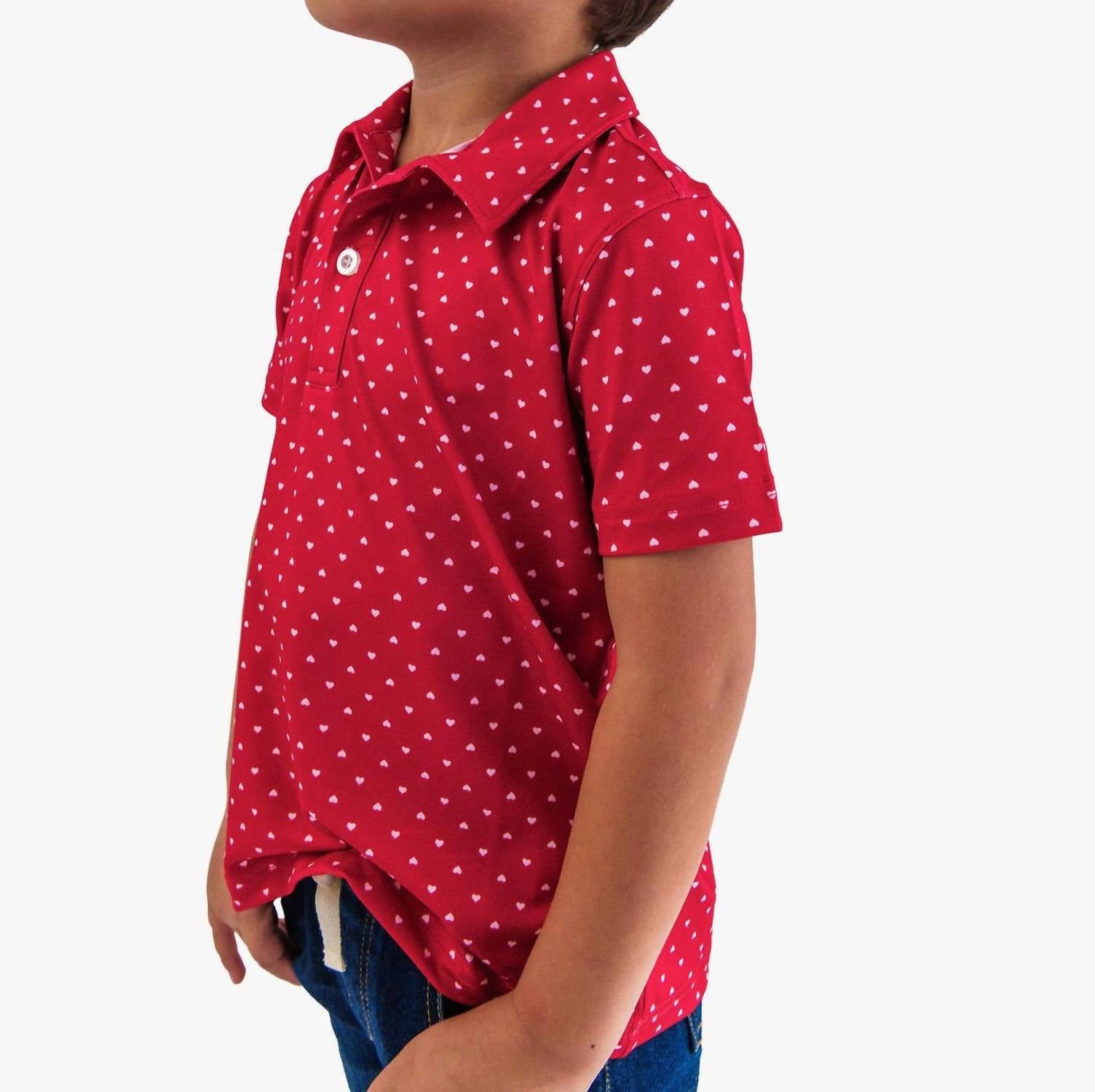 RuffleButts Boy's Heart Polka Dot Short Sleeve Performance Polo in red - kids' shirt - view 4
