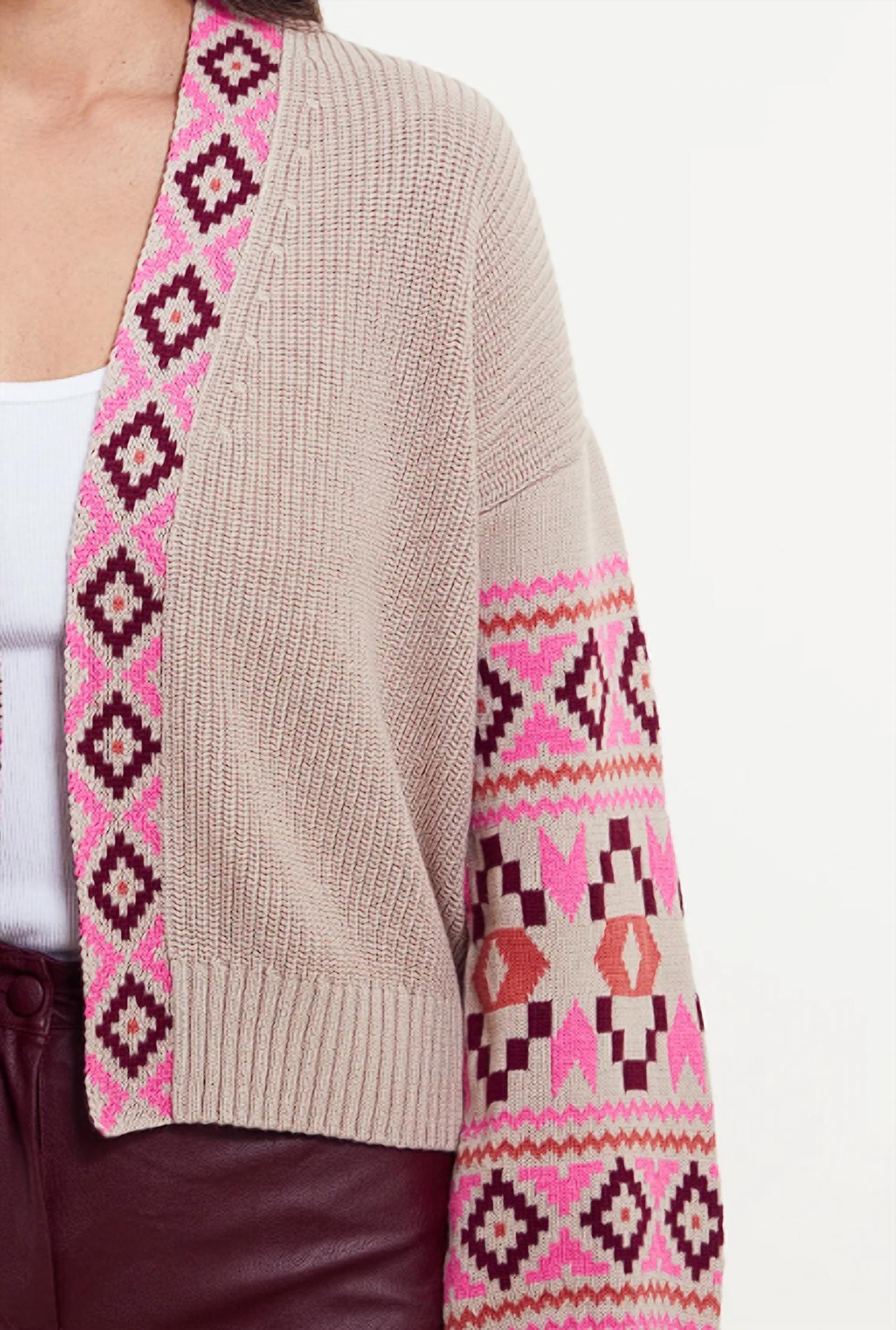 &Isla Thea Aztec Edge To Edge Cardi Top in latte multi - women's sweater - detail view