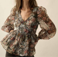 Promesa - Floral Print Organza Puff-sleeve Peplum Top