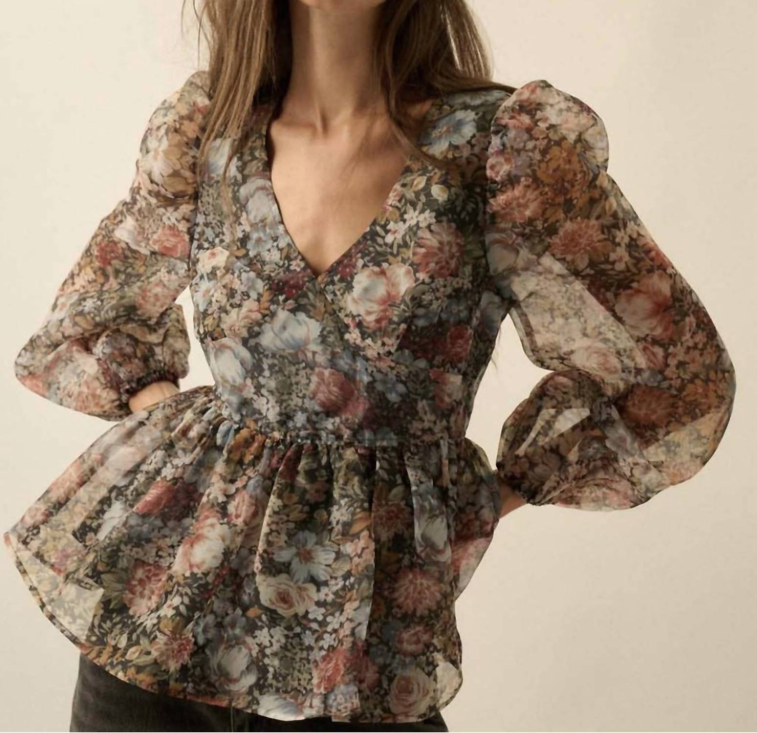 Promesa - Floral Print Organza Puff-sleeve Peplum Top
