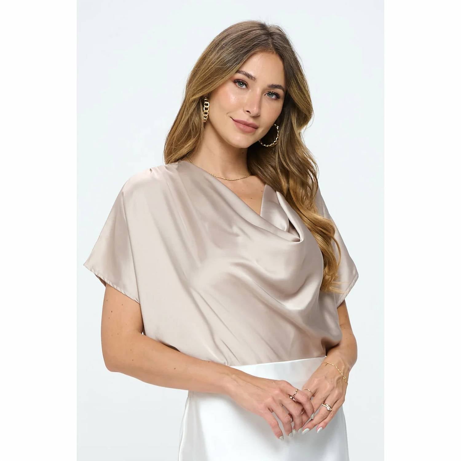 Renee C - Satin Cowl Neck Short Sleeve Top
