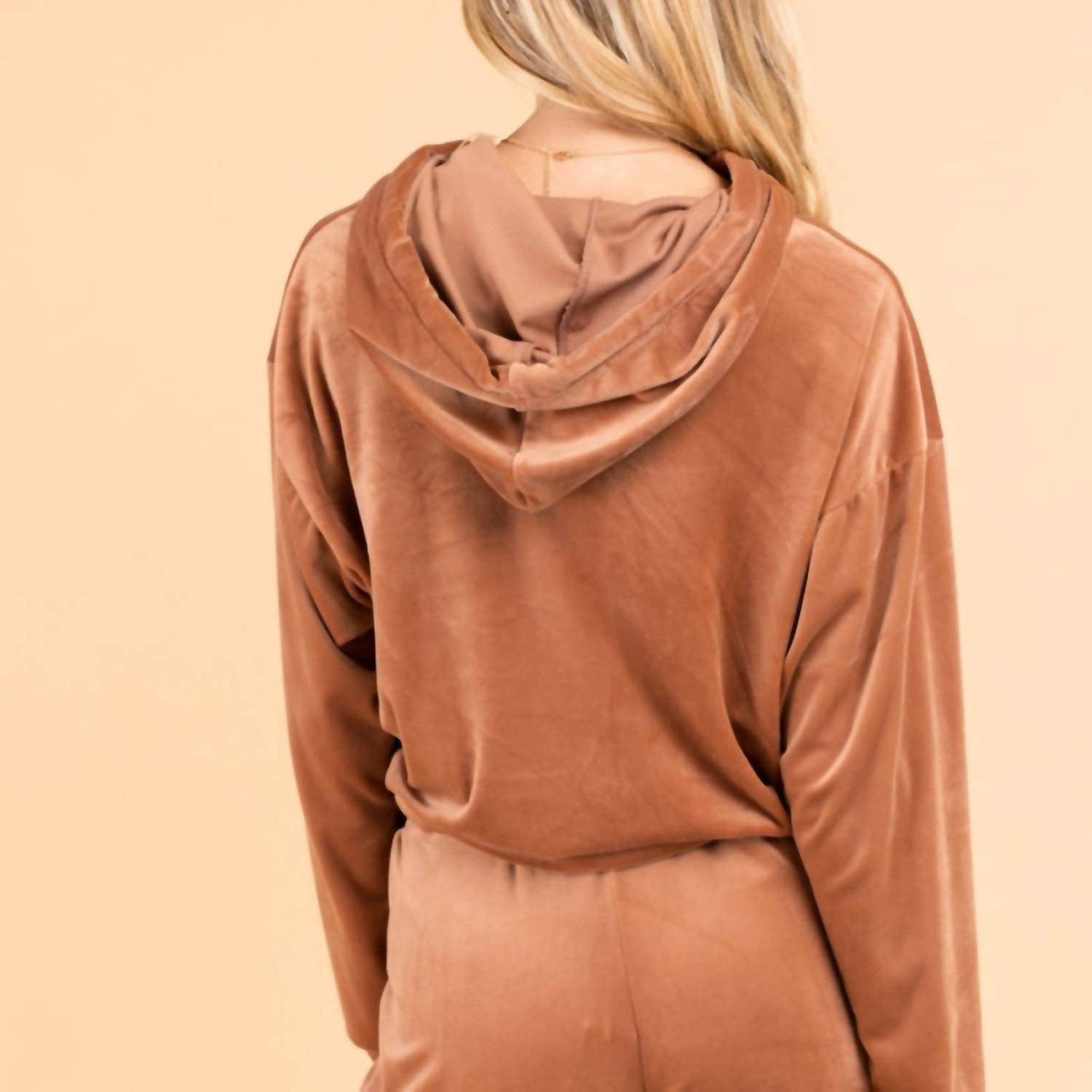 GILLI Velvet Boxy Hooded Top in brick brown - women's top - alternate view