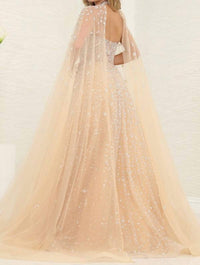Ladivine - Beaded Illusion Design Sewn-on Cape A Line Glitter Dress