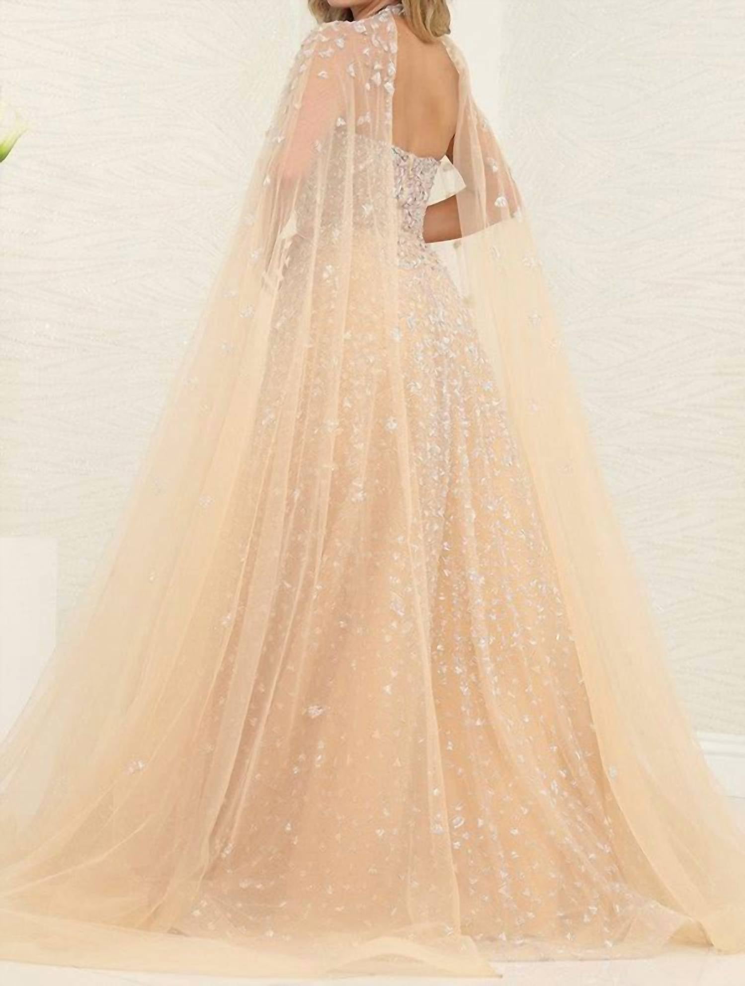 Ladivine - Beaded Illusion Design Sewn-on Cape A Line Glitter Dress