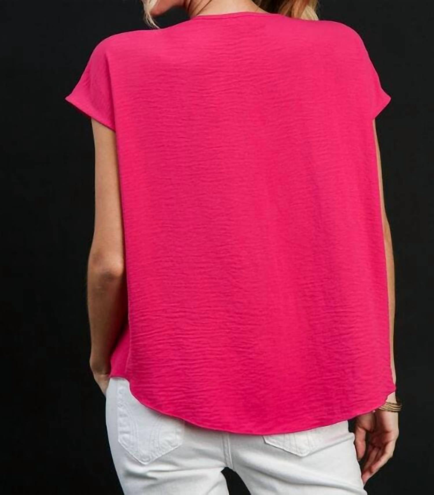 umgee V-neck Front Twist Top in hot pink - women's blouse - detail view