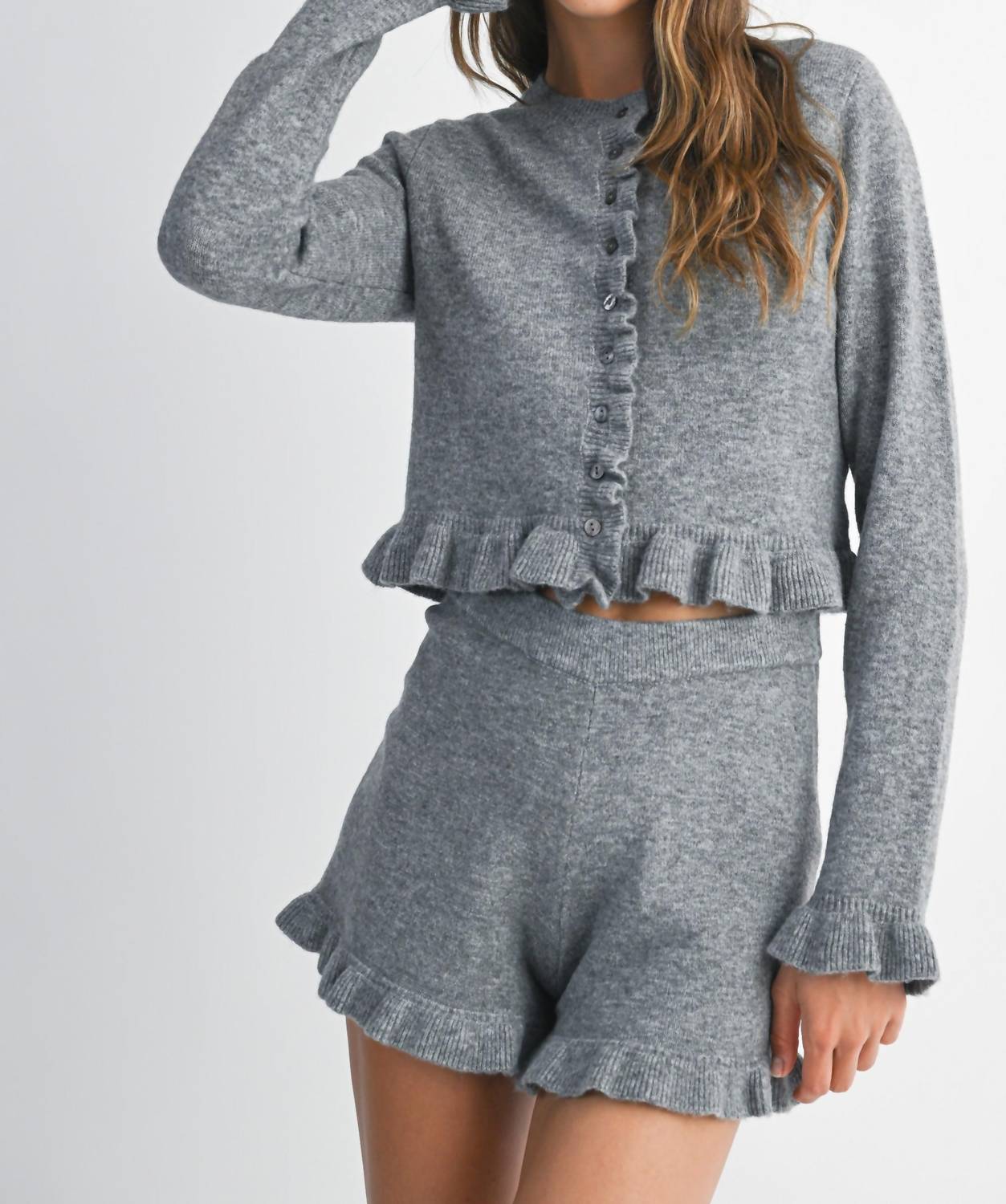 Mable - Ruffle Cardigan Top Matching Ruffle Shorts Set