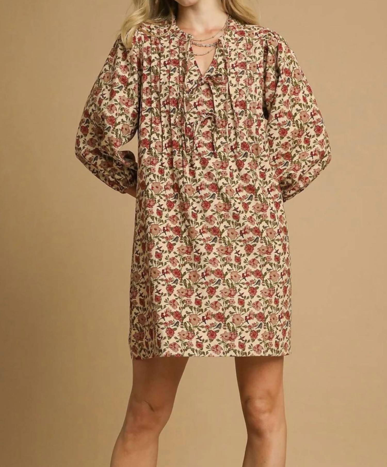 Style Usa - Floral Tie Neck Mini Dress
