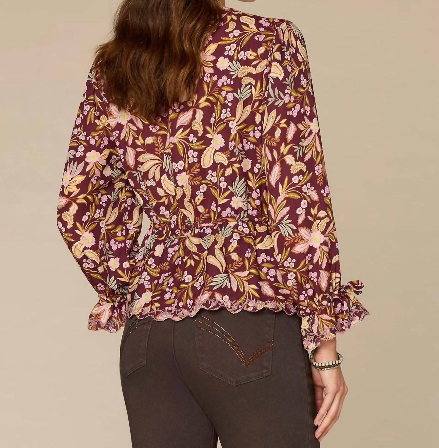 Democracy Long Tie Sleeve V-neck Printed Woven Top in floral - women's blouse - detail view