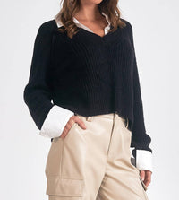 ELAN V-neck Sweater With Collar in black - women's sweater - alternate view