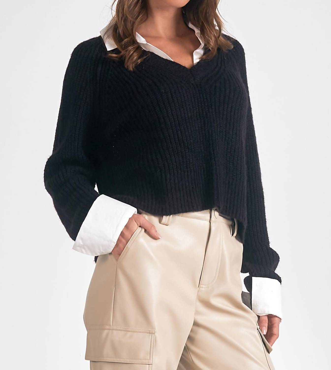 ELAN V-neck Sweater With Collar in black - women's sweater - alternate view