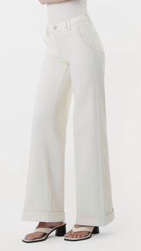 FLYING MONKEY Mid Rise Full Length Trouser Pressed Cuffed Wide Leg Jeans in ecru - women's pants - detail view